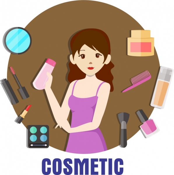 cosmetic advertisement woman makeup tools icons
