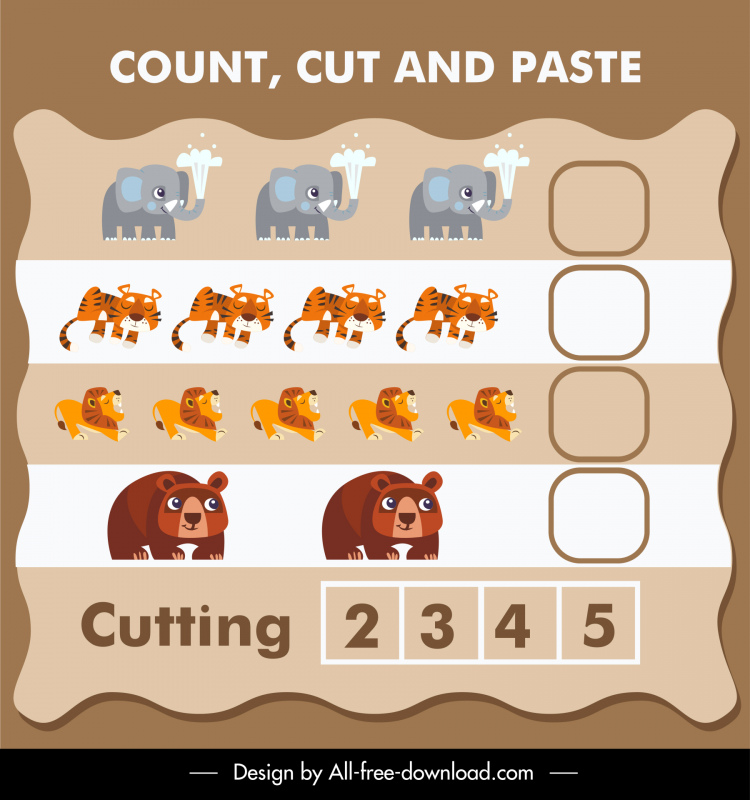 count cut and paste education template flat elephant lion tiger bear sketch