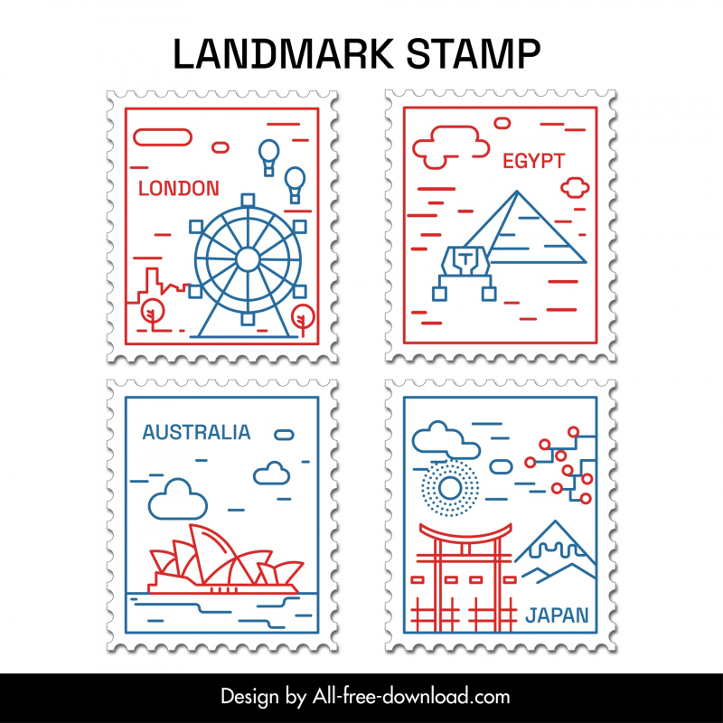 country stamps collection flat national line art 