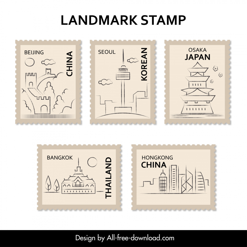 country stamps collection hand draw national symbols outline 