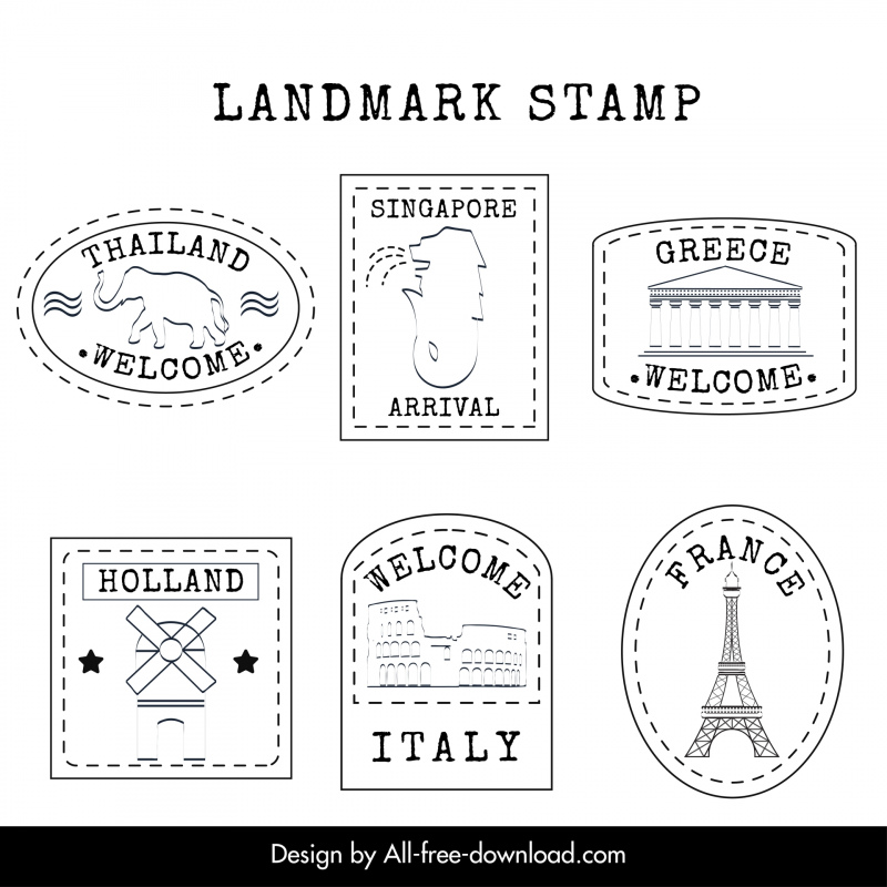country stamps collection handdrawn line art