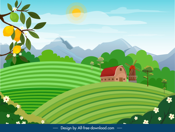 countryside landscape background colorful cartoon sketch 