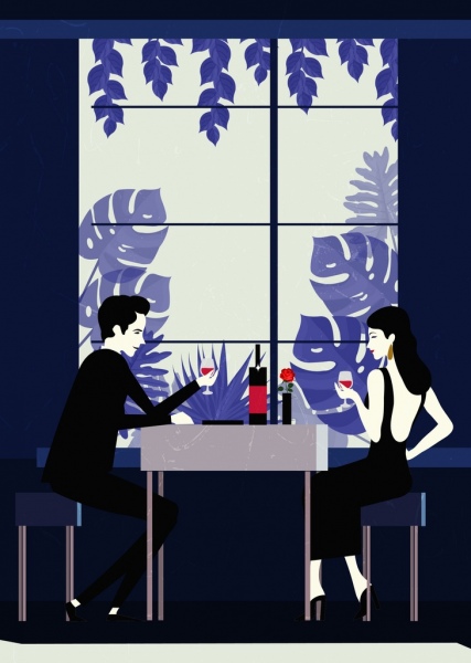 couple dating drawing restaurant interior colored cartoon design 