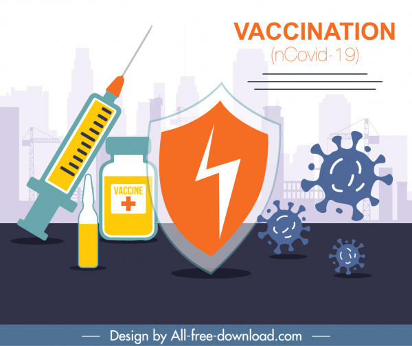 covid19 vaccination banner viruses shield medical elements sketch