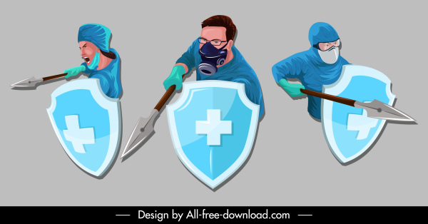 covid 19 icons fighting doctors sketch cartoon design