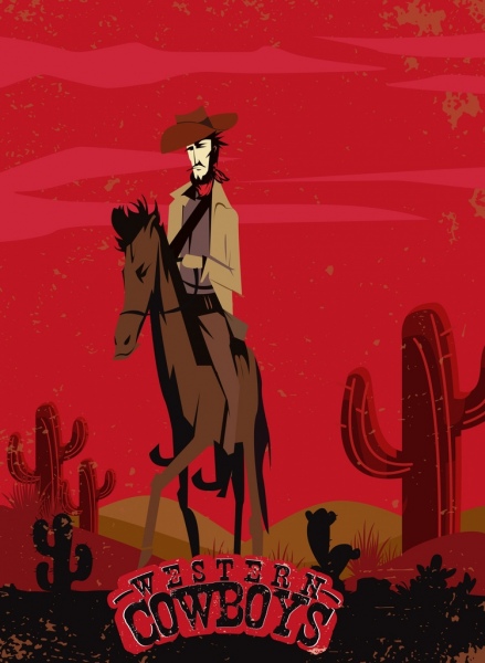 cowboy banner retro red design colored cartoon