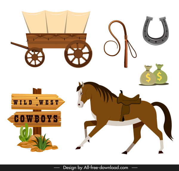 cowboy design elements colored classic symbols sketch
