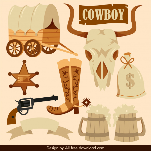 cowboy design elements retro symbols sketch