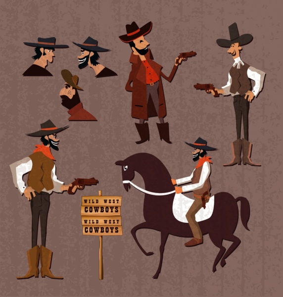 cowboy icons collection various gestures colored cartoon
