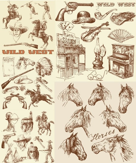 cowboy design elements retro handdrawn symbols sketch