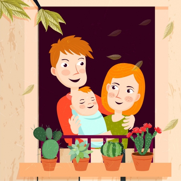 cozy family drawing human icons colored cartoon design