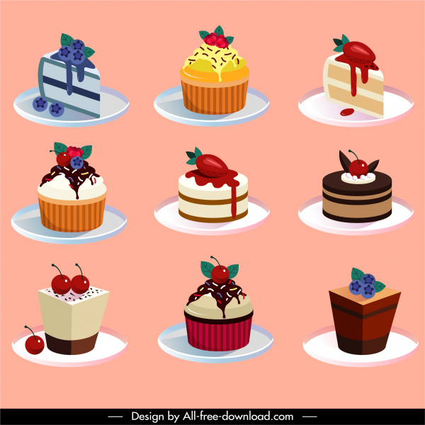 cream cakes icons colorful fruity decor 3d sketch