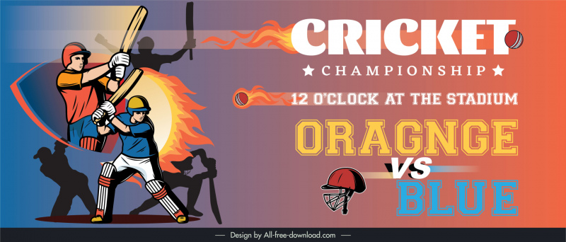 cricket banner template flat dynamic silhouette cartoon design players fireballs sketch 
