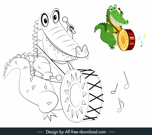 crocodile icon playing drum sketch handdrawn cartoon