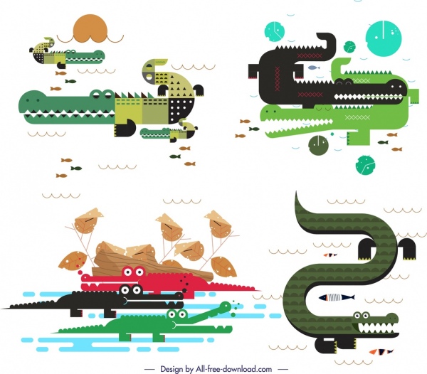 crocodile icons sets colorful classical flat sketch