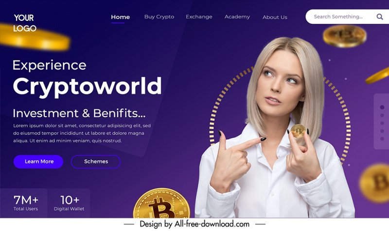 cryptocurrency landing page template dynamic realistic girl coins