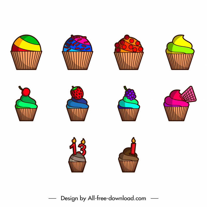 cupcakes icon sets flat classical handdrawn sketch