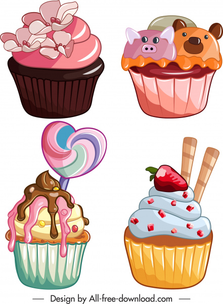 cupcakes icons creamy fruits decor colorful classic