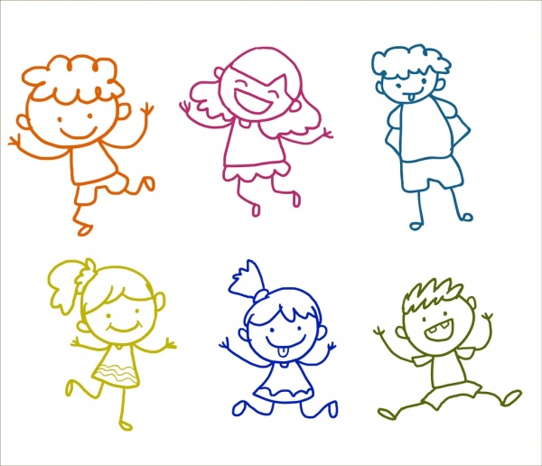 cute children icons outline various colorful cartoon style