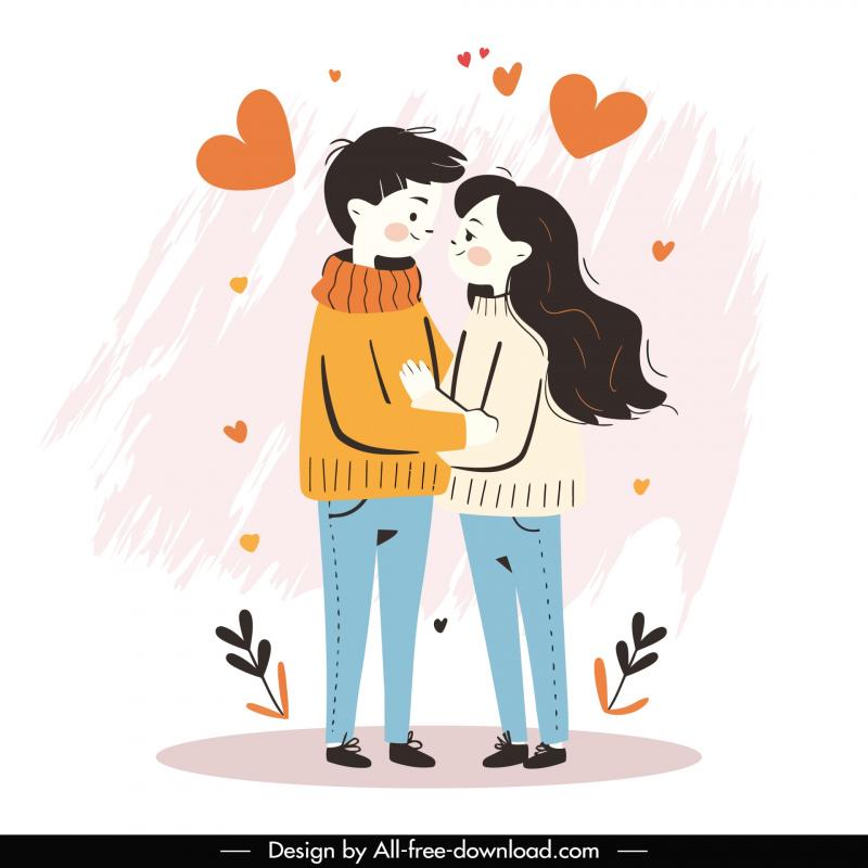 cute couple design elements flat handdrawn cartoon hearts grunge 