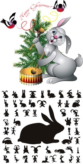 christmas design elements bunnies icons silhouette sketch