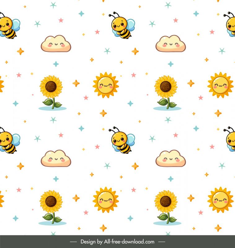 cute seamless pattern template cartoon bees clouds sunflowers repeating 