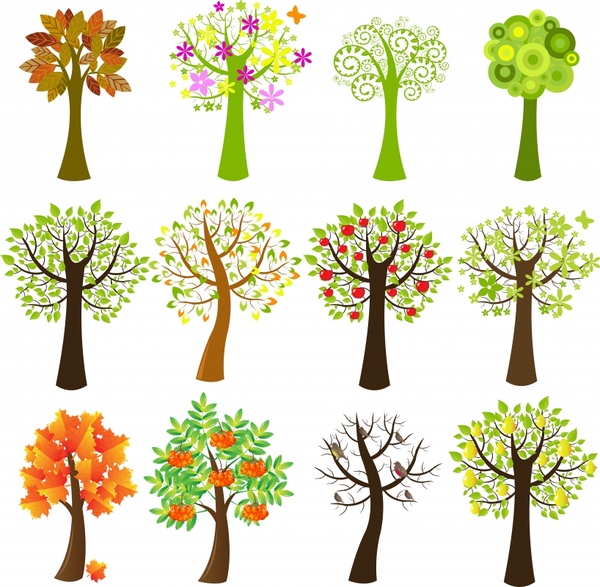 trees icons collection bright colorful handdrawn sketch