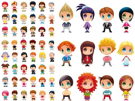 stylish kids characters icons various colored cartoon types