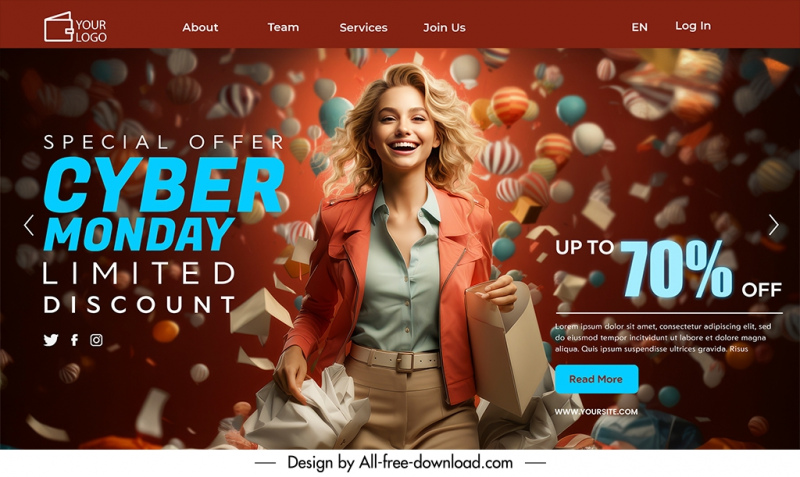 cyber monday landing page template happy lady dynamic design 
