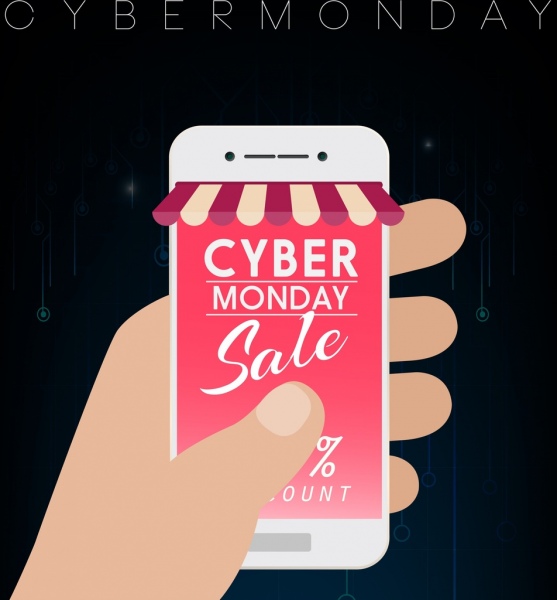 cyber sale banner smartphone screen hand icons decor 