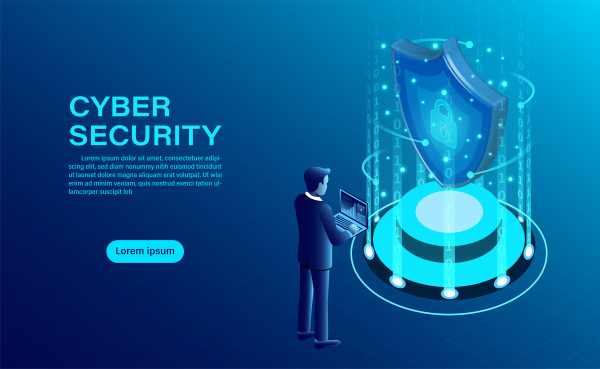 cyber security concept banner with businessman protect data and confidentiality and data privacy protection concept with icon of a shield and lock flat isometric vector illustration