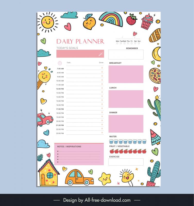 Daily planner organizer template cute flat handdrawn Vectors images ...