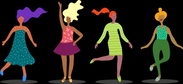 dancing woman icons cartoon characters sketch colorful design