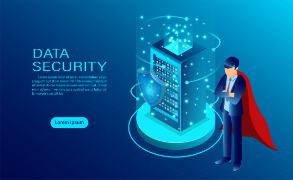data security concept banner with hero protect data and confidentiality and data privacy protection concept with icon of a shield and lock flat isometric vector illustration