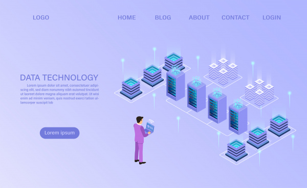 datacenter server room cloud storage technology and big data processing protecting data security concept digital information isometric cartoon vector