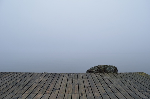 deck dock fog lake mist pier rock still stone