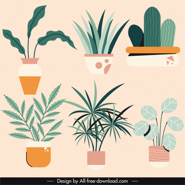 decorated houseplants icons colored flat vintage sketch