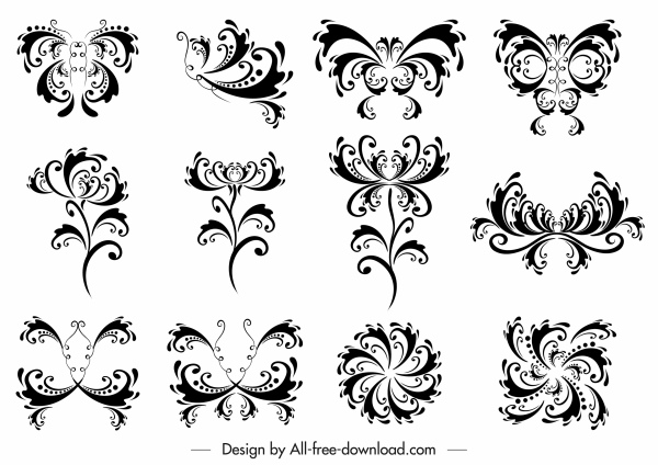 decorative elements collection black white symmetric swirled shapes 