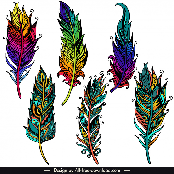 decorative feather icons colorful classic ethnic handdrawn design