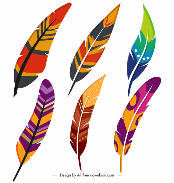 decorative feather icons multicolored handdrawn sketch