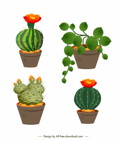 decorative flowerpot icons blooming fresh cactus leaves sketch