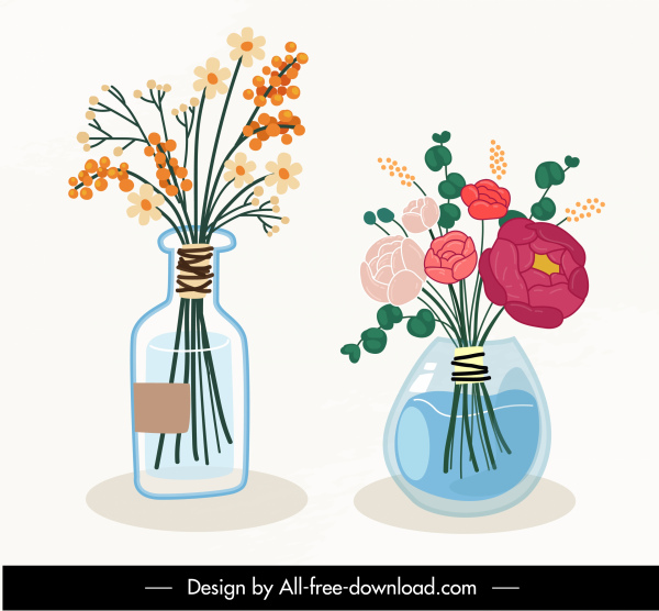 decorative flowerpots icons colorful classical handdrawn sketch 