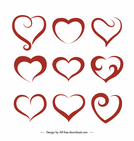 decorative hearts icons flat curves shapes sketch
