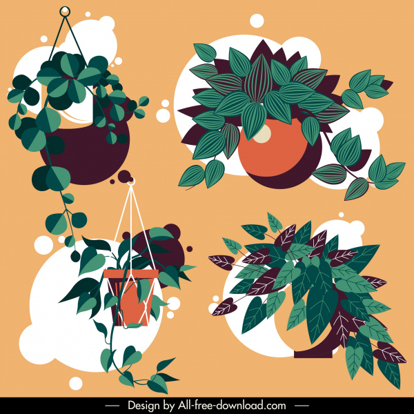 decorative houseplant icons leaves sketch colored classical design