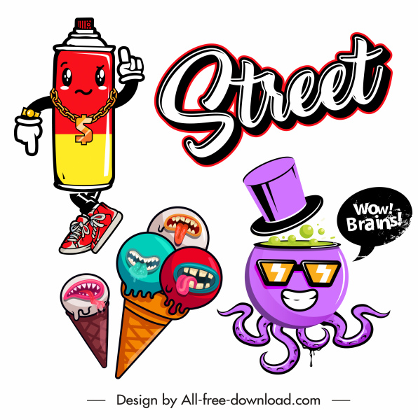 decorative icons stylized ice cream octopus sprayer sketch