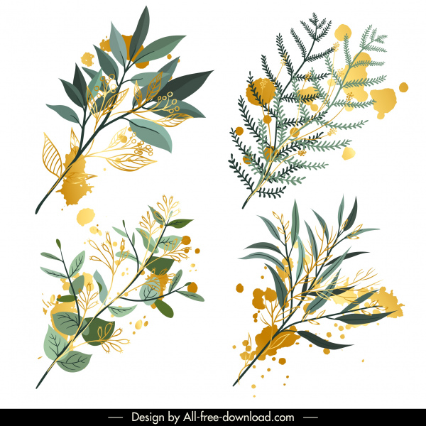 decorative leaf branch icons colored classic grunge design