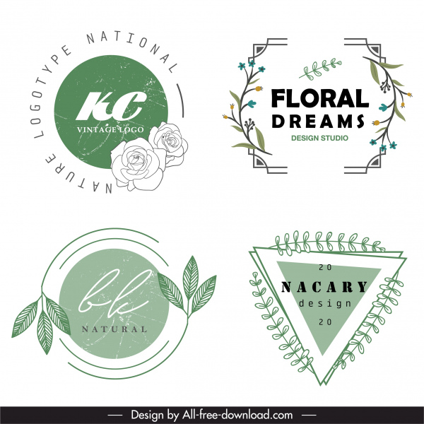decorative logotype retro flat handdrawn plants shapes