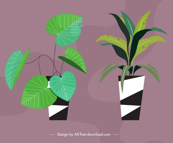 decorative plant pots icons colored classical design