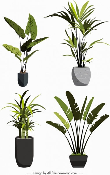 decorative plant pots icons fresh green leaves sketch