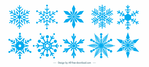 decorative snowflakes icons blue flat symmetric design
